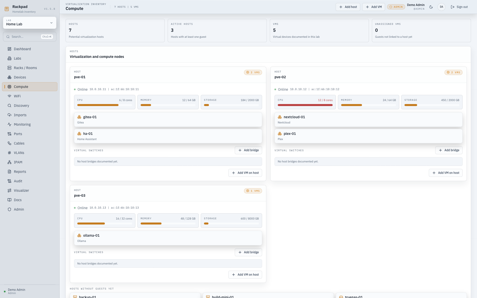 Rackpad compute workspace with hosts and VMs